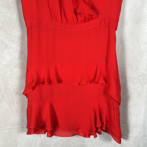 Parker Coral Red Silk Mini Dress w/ Ruffle Details Size 8 Fully Lined - Picture 6 of 13